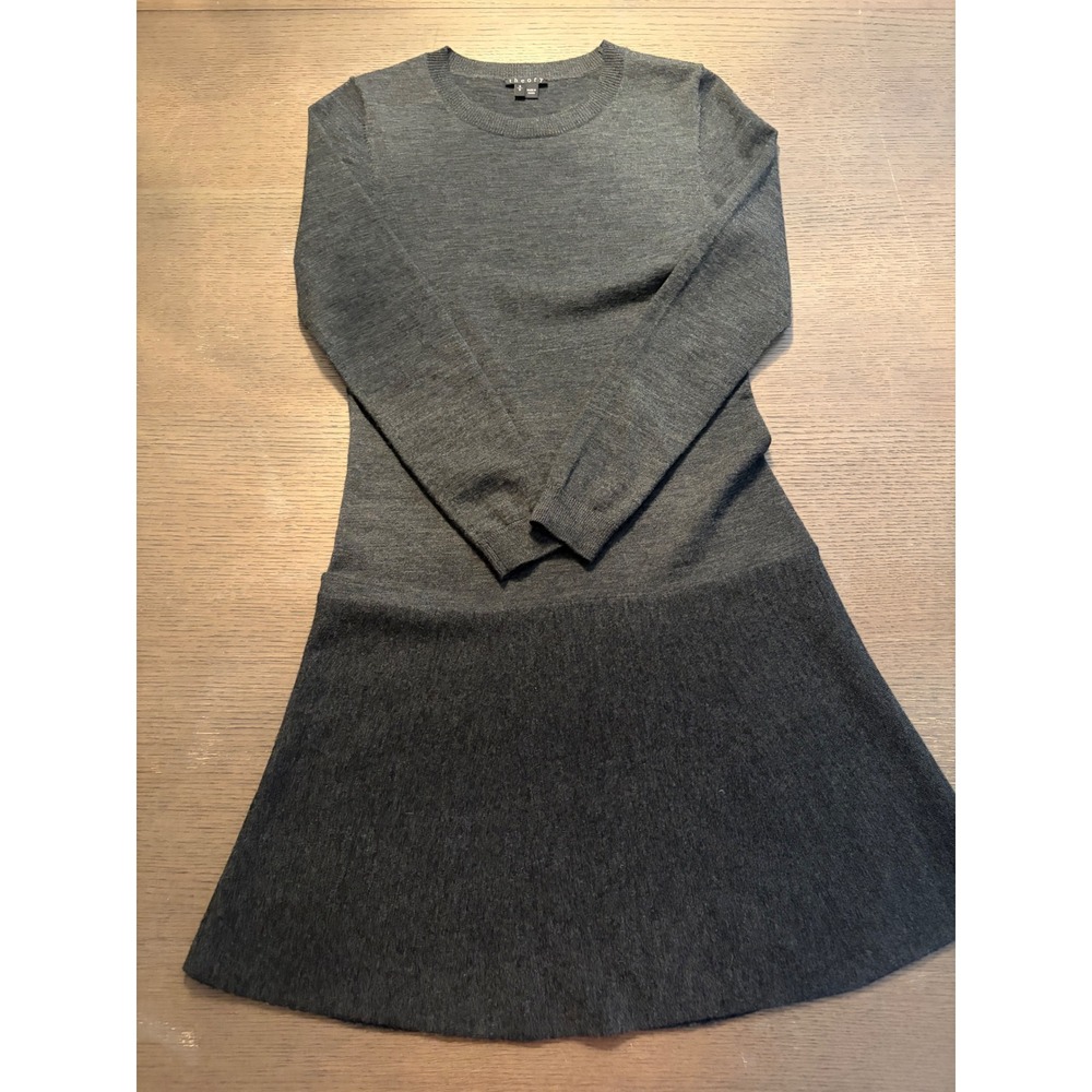 Theory Womens Charcoal Grey Wool Blend Drop Waist Long Sleeve Knit Dress - Picture 7 of 9